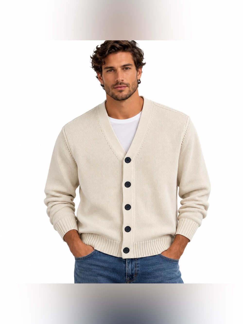 Zara Men Cream Knit V-Neck Button Cardigan Sweater Size Large